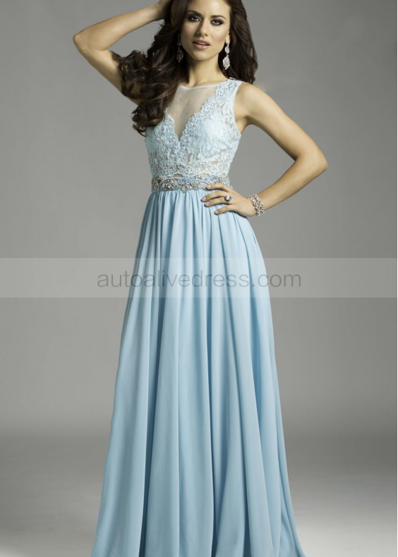 Beaded Sky Blue Lace Chiffon Sheer Back Maxi Prom Dress